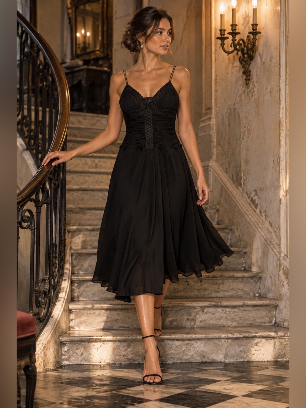 Sangria Black Ruched Chiffon Midi Dress Size 12 Dark Feminine Formal Goth Glam